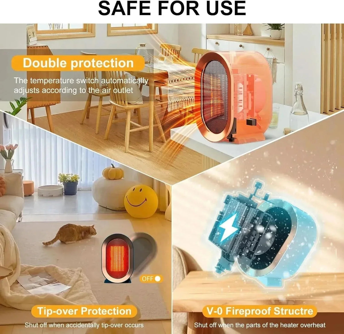 Desk Heater PTC Ceramic Fast Heat Tip-Over Protection