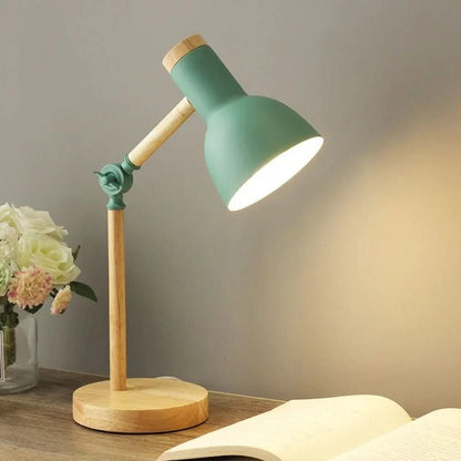 Desk Lamp Adjustable Arm Wooden Base E27 Bulb Included