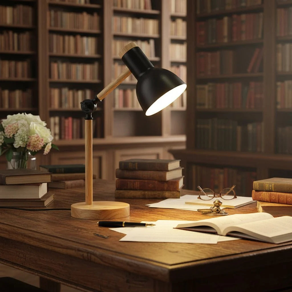 Desk Lamp Adjustable Arm Wooden Base E27 Bulb Included