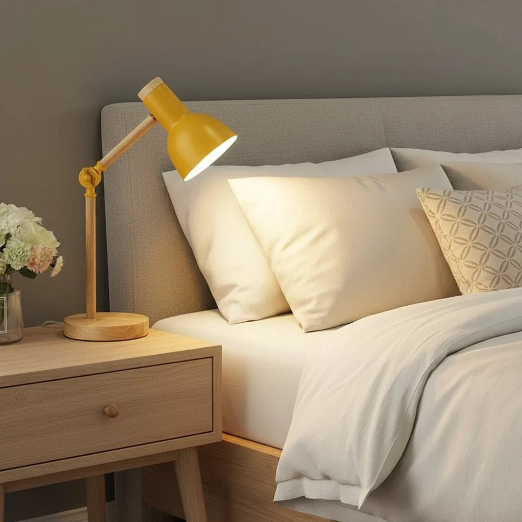Desk Lamp Adjustable Arm Wooden Base E27 Bulb Included