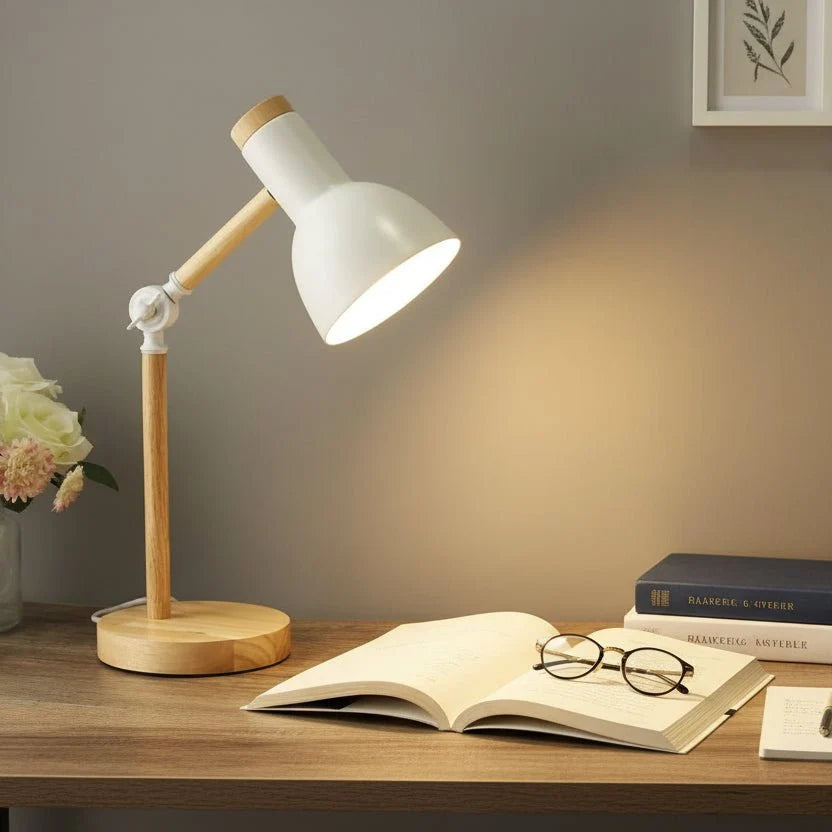 Desk Lamp Adjustable Arm Wooden Base E27 Bulb Included