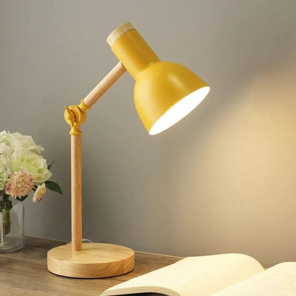 Desk Lamp Adjustable Arm Wooden Base E27 Bulb Included