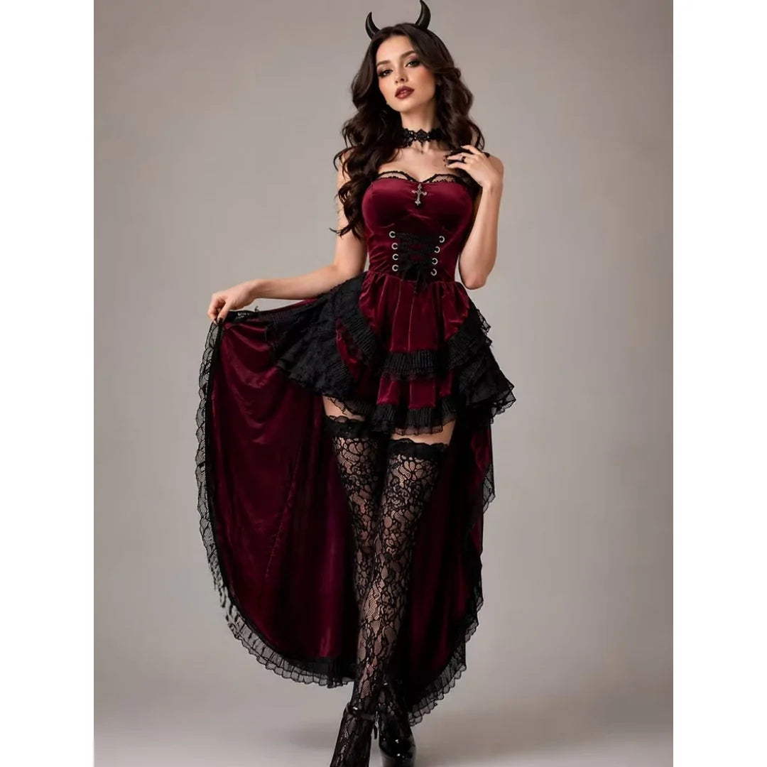 Devil Costume Four-Piece Layered Burgundy Black Lace