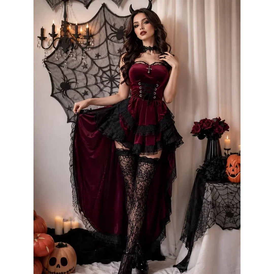 Devil Costume Four-Piece Layered Burgundy Black Lace