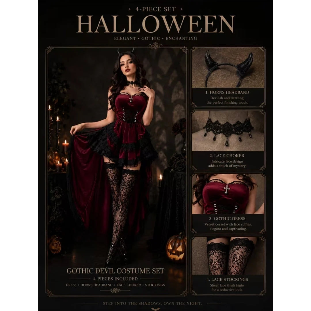Devil Costume Four-Piece Layered Burgundy Black Lace