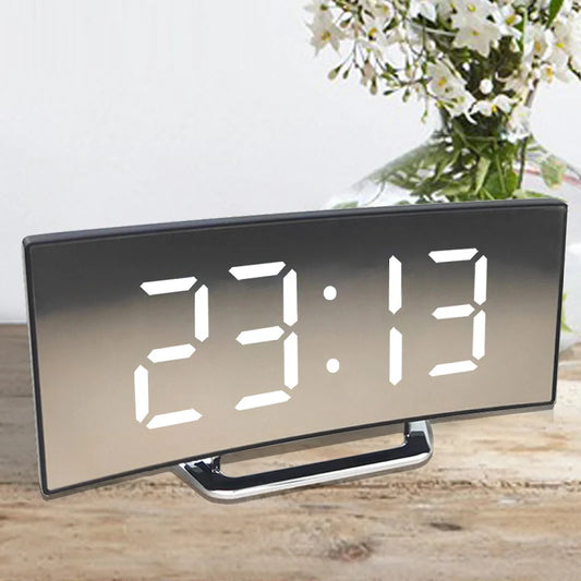 Digital Alarm Clock Curved Mirror LED Gentle Crescendo Alarm