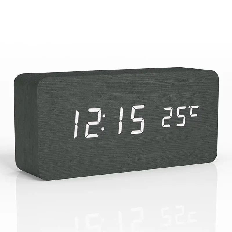 Digital Alarm Clock Natural Wood LED Time & Temperature