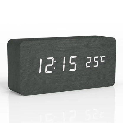 Digital Alarm Clock Natural Wood LED Time & Temperature