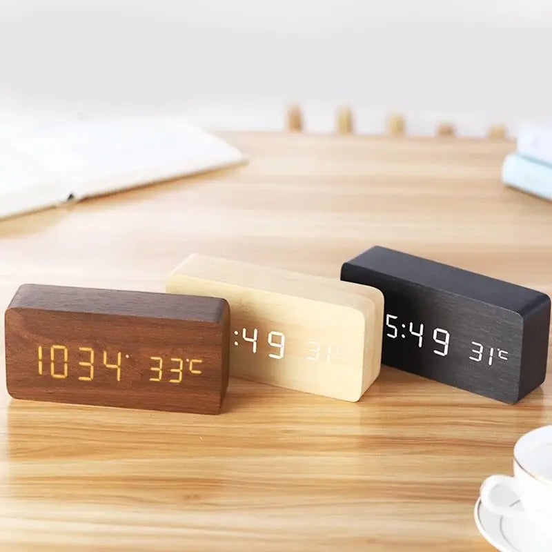 Digital Alarm Clock Natural Wood LED Time & Temperature