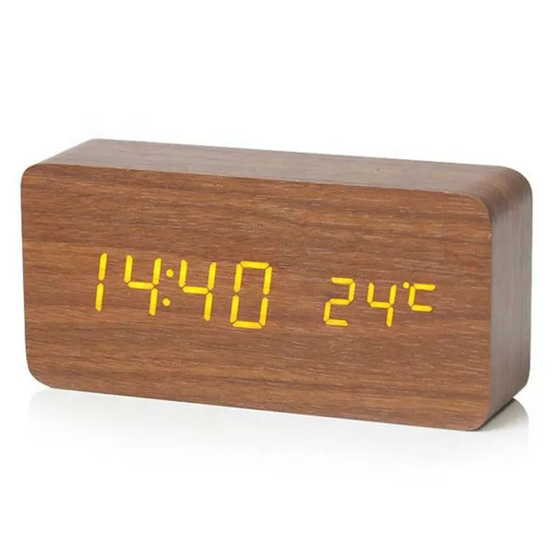 Digital Alarm Clock Natural Wood LED Time & Temperature