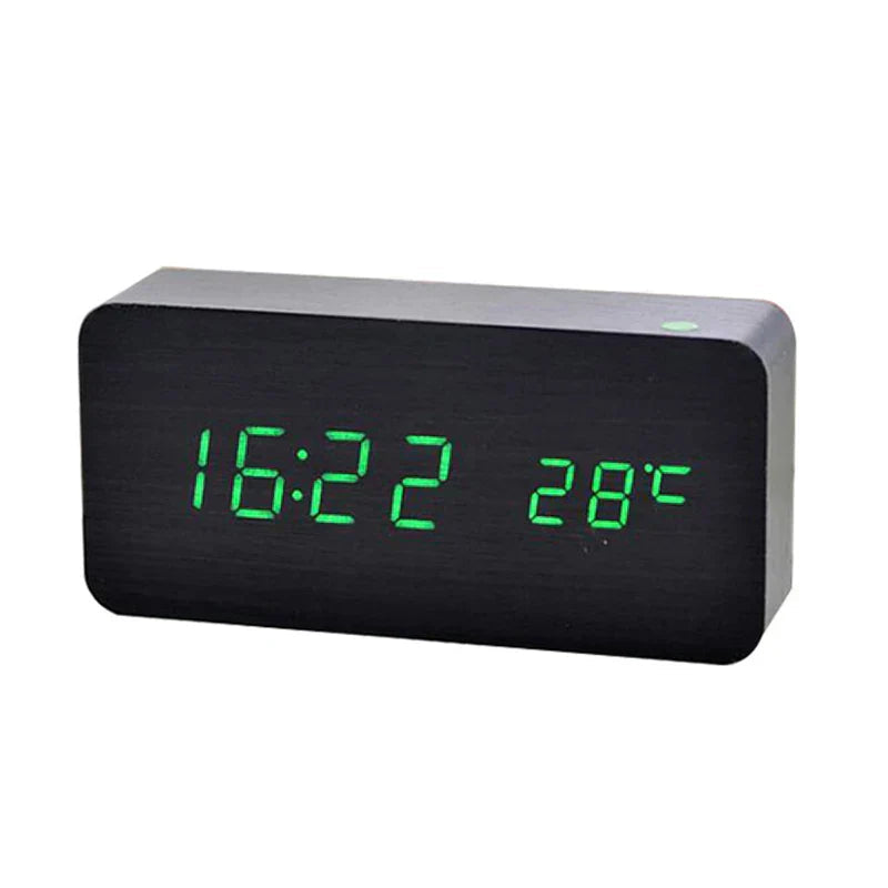 Digital Alarm Clock Natural Wood LED Time & Temperature