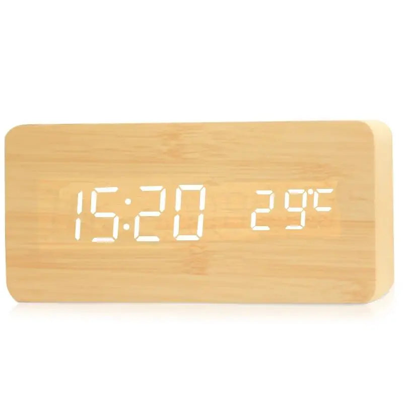 Digital Alarm Clock Natural Wood LED Time & Temperature