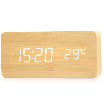 Digital Alarm Clock Natural Wood LED Time & Temperature