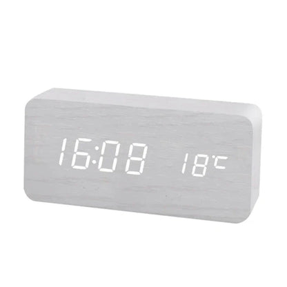 Digital Alarm Clock Natural Wood LED Time & Temperature