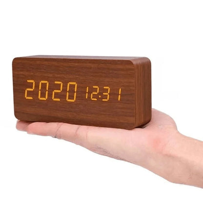 Digital Alarm Clock Wood-Effect LED Temperature Display