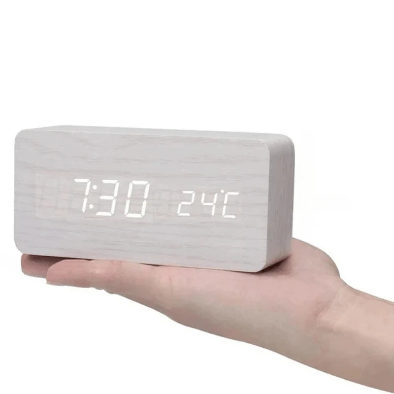Digital Alarm Clock Wood-Effect LED Temperature Display