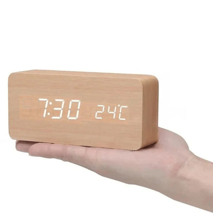 Digital Alarm Clock Wood-Effect LED Temperature Display