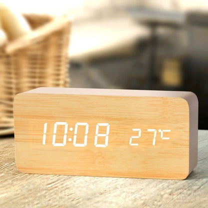 Digital Alarm Clock Wood-Effect LED Temperature Display