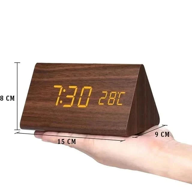Digital Alarm Clock Wood-Effect LED Temperature Display