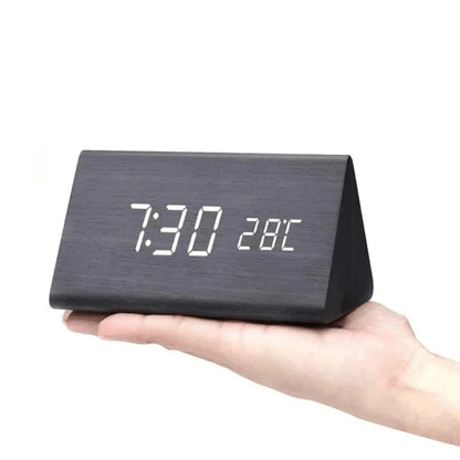 Digital Alarm Clock Wood-Effect LED Temperature Display