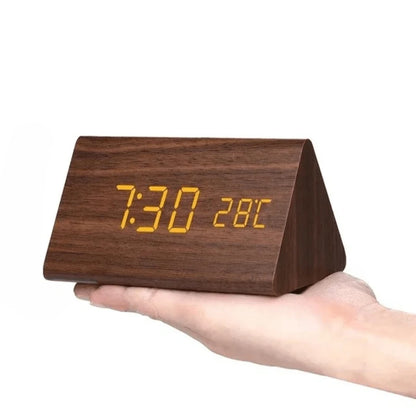 Digital Alarm Clock Wood-Effect LED Temperature Display