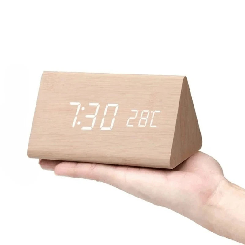 Digital Alarm Clock Wood-Effect LED Temperature Display