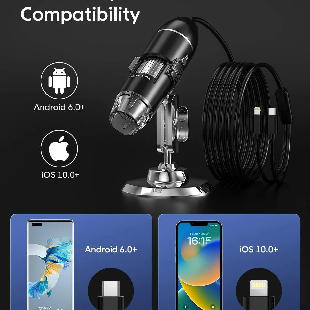 Digital Microscope 1600x Magnification USB-Powered Live View