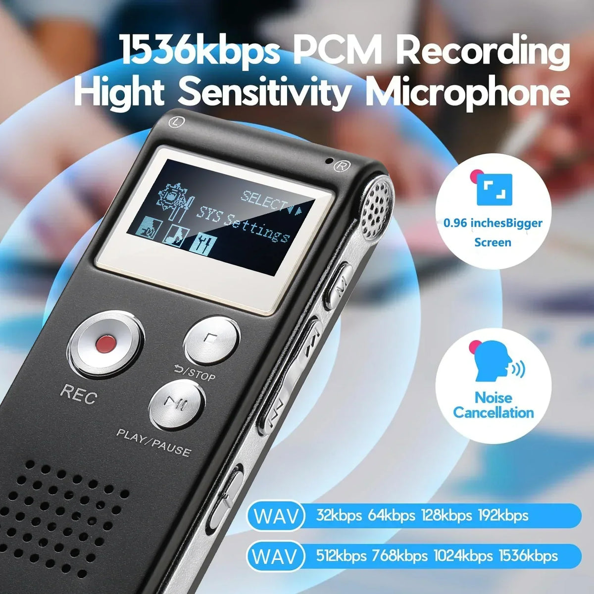 Digital Voice Recorder Voice-Activated WAV Built-In Storage