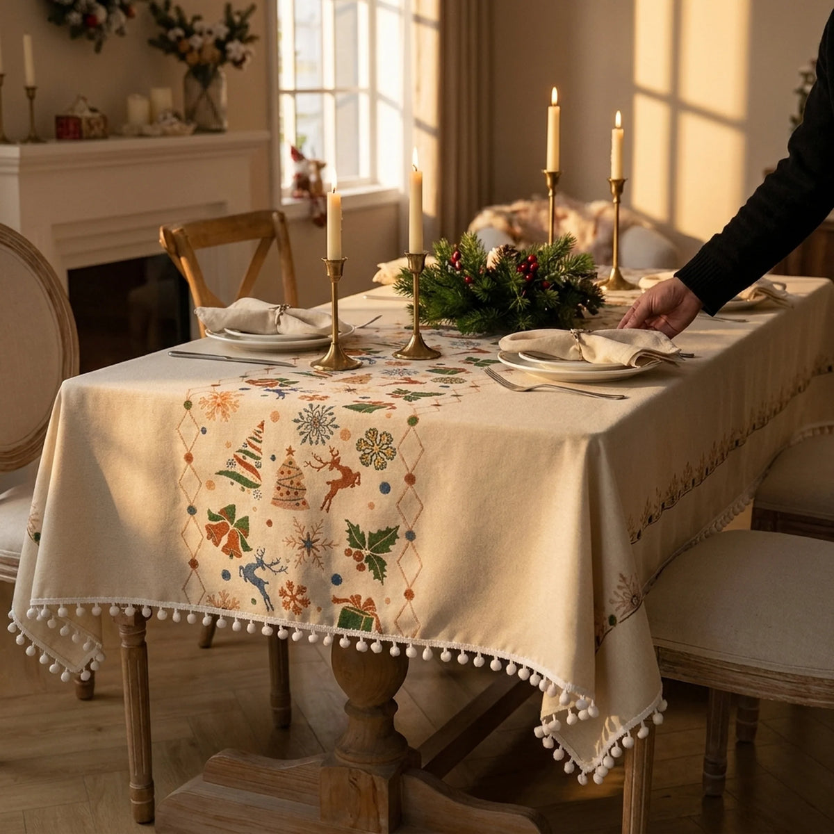 Dining Tablecloth Christmas-Inspired Jacquard Beige Easy-Care