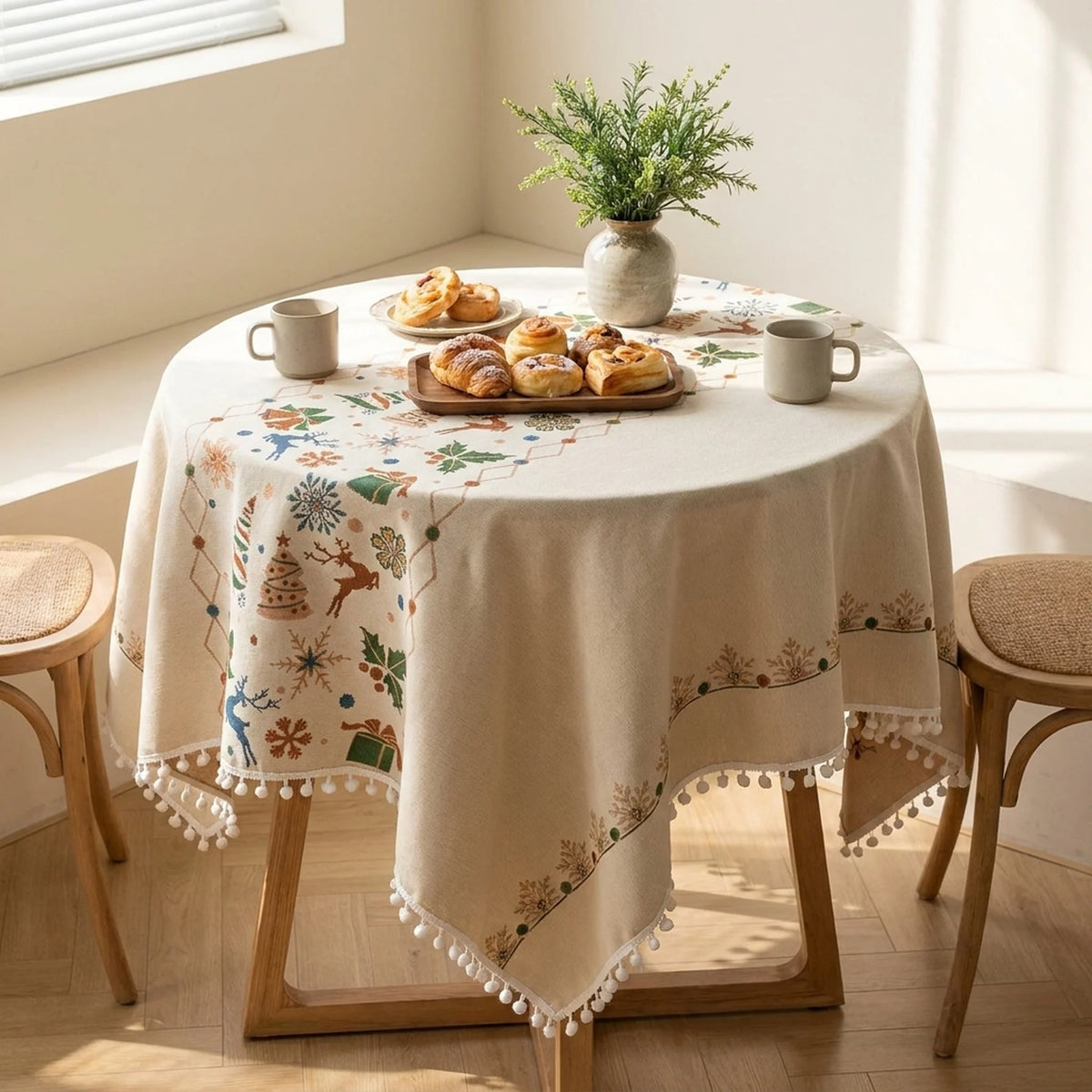 Dining Tablecloth Christmas-Inspired Jacquard Beige Easy-Care