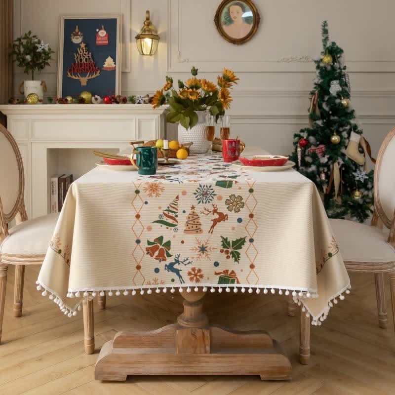 Dining Tablecloth Christmas-Inspired Jacquard Beige Easy-Care