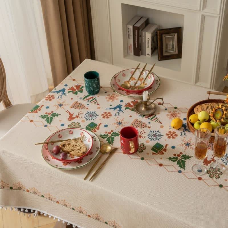 Dining Tablecloth Christmas-Inspired Jacquard Beige Easy-Care