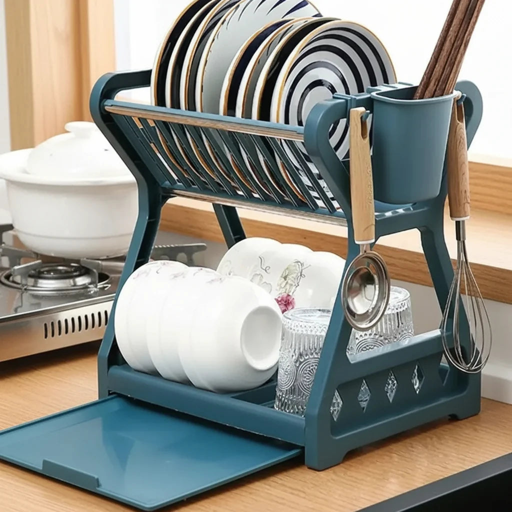 Dish Drainer 2-Tier with Drainboard & Cutlery Holder
