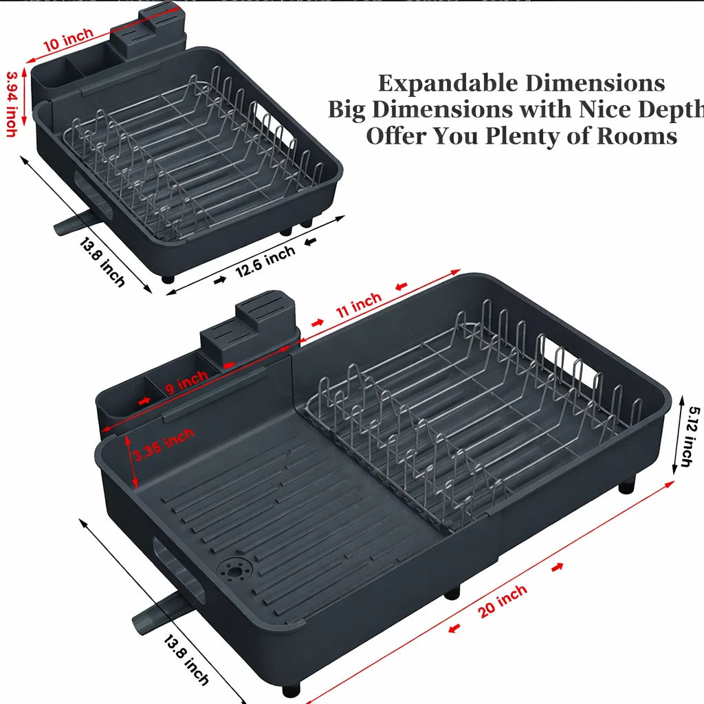 Dish Drying Rack Expandable With Drain Tray