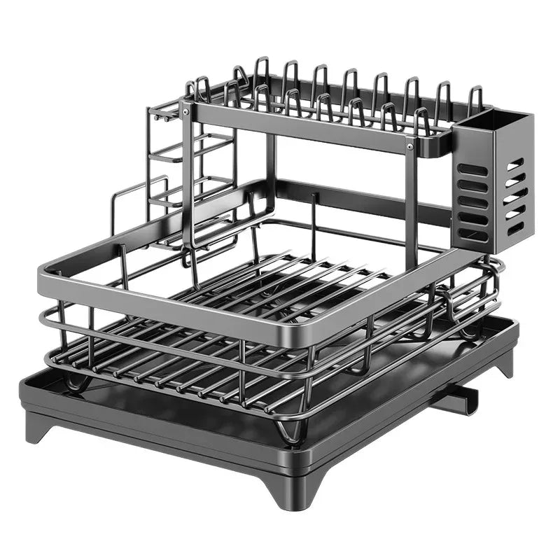Dish Drying Rack Two-Tier Drain Pipe Cutlery & Board Holder