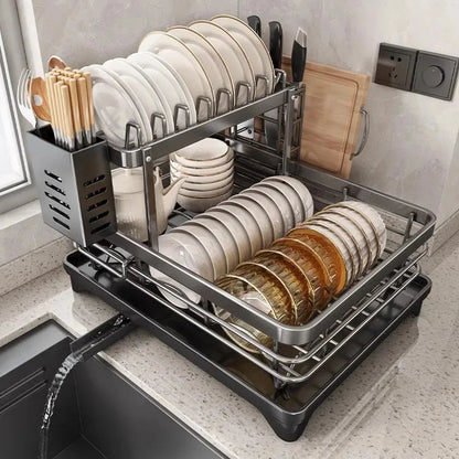 Dish Drying Rack Two-Tier Drain Pipe Cutlery & Board Holder
