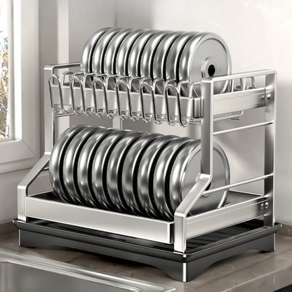 Dish Drying Rack Two-Tier Drain Pipe Cutlery & Board Holder