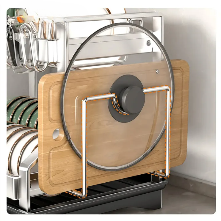 Dish Drying Rack Two-Tier Drain Pipe Cutlery & Board Holder