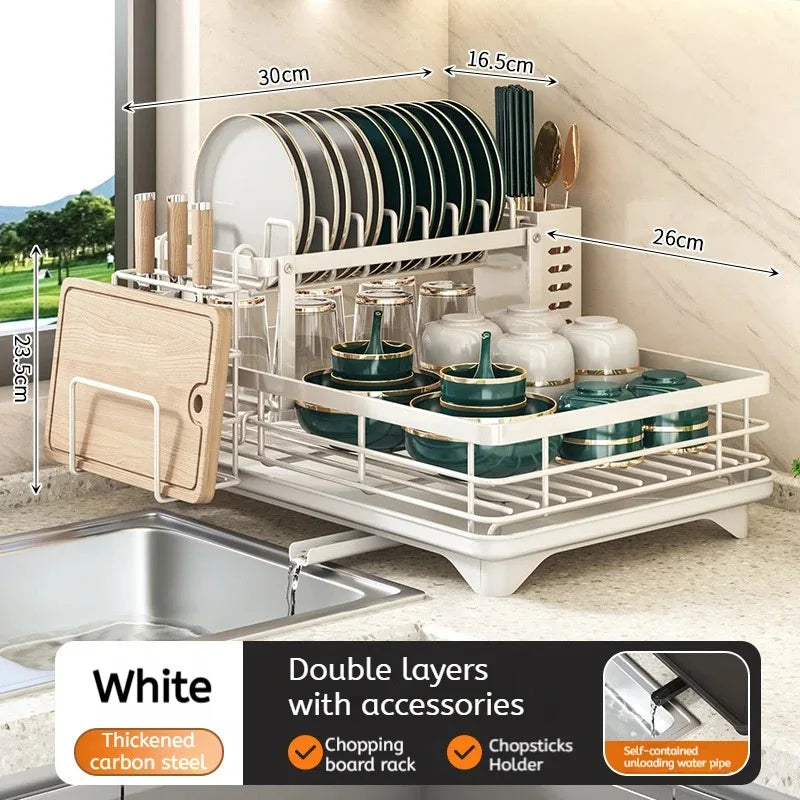 Dish Drying Rack Two-Tier Drain Pipe Cutlery & Board Holder