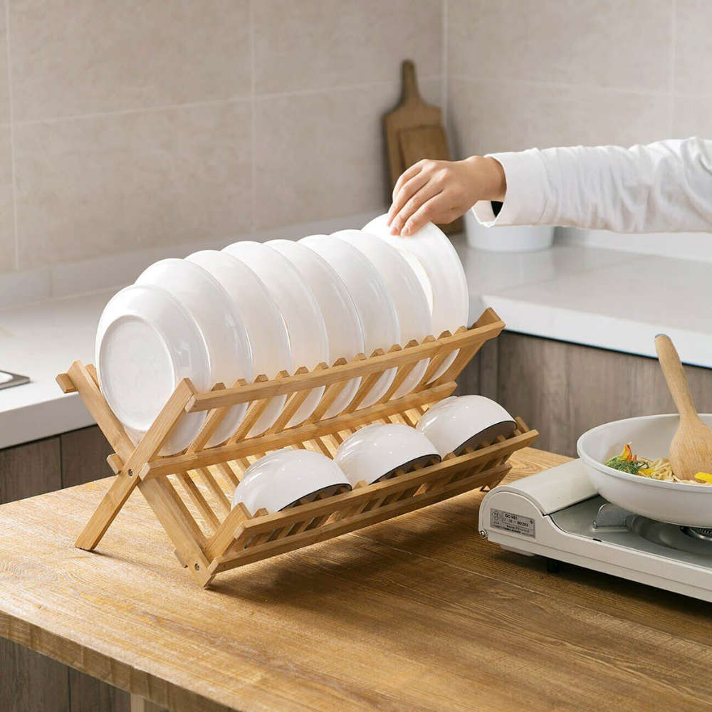 Dish Rack Bamboo Vertical Slots Compact