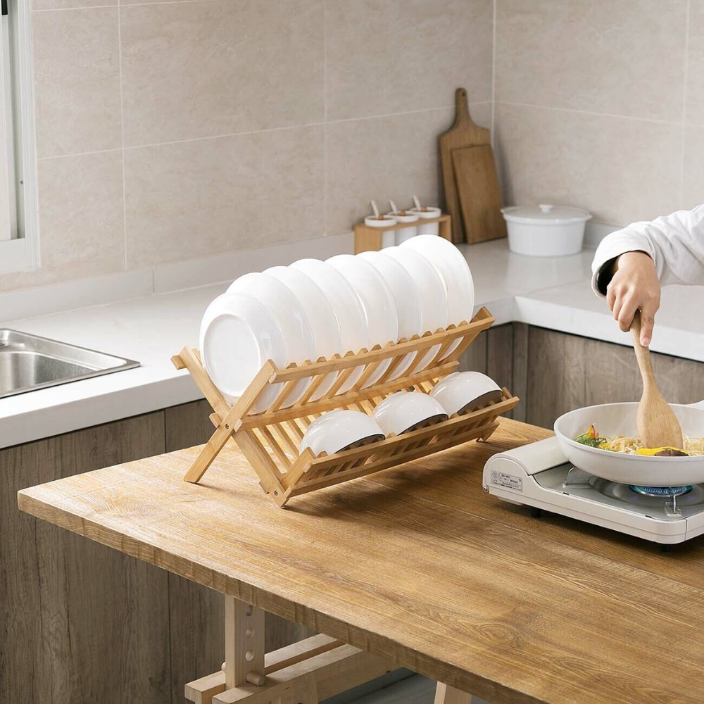 Dish Rack Bamboo Vertical Slots Compact