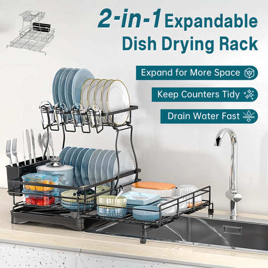 Dish Rack Two-Tier Pull-Out Shelf Drip Tray & Cutlery Holder