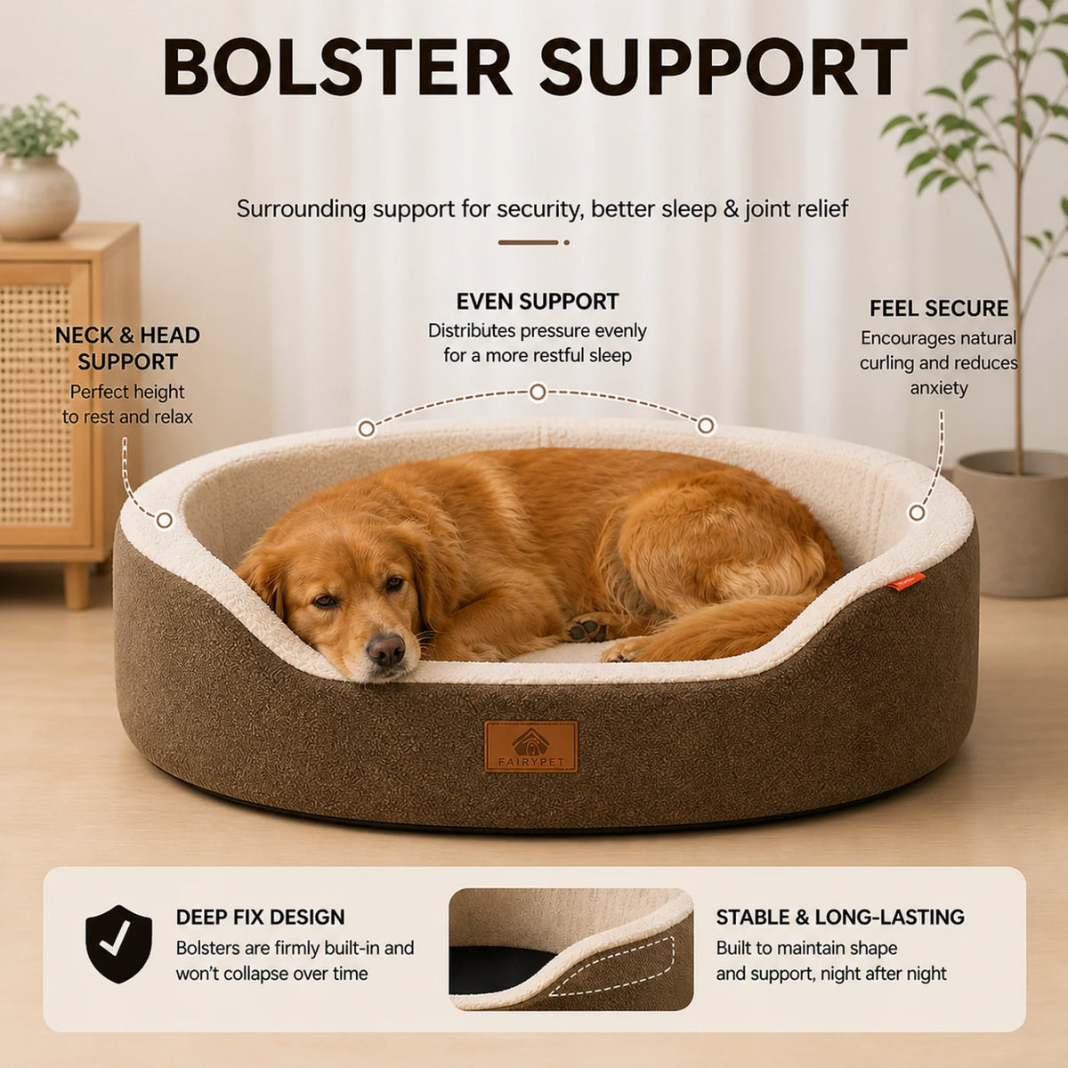 Dog Bed Orthopedic Foam Waterproof Lining Raised Edges