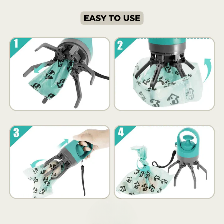 Dog Waste Grabber Six-Prong Touch-Free With Bag Dispenser