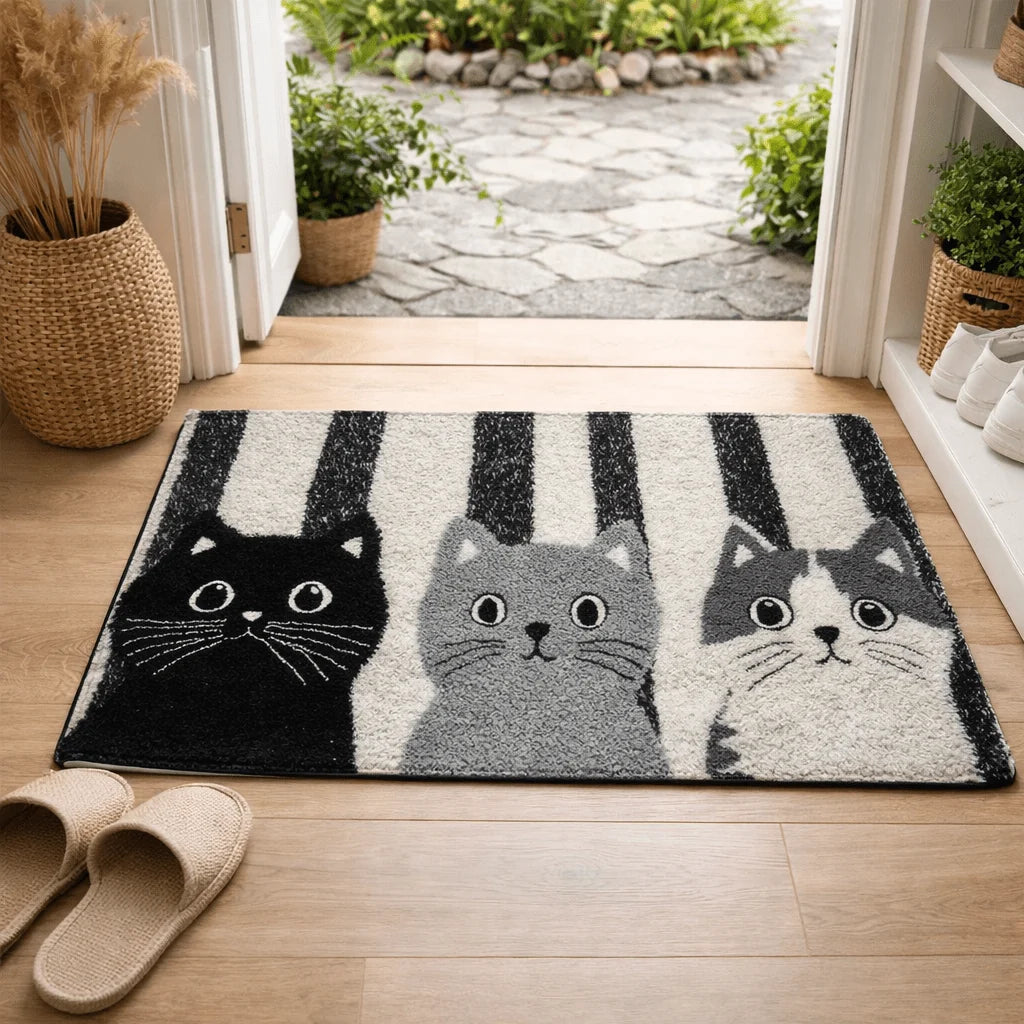 Doormat Water-Resistant Striped Cartoon Cat Design