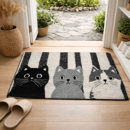 Doormat Water-Resistant Striped Cartoon Cat Design