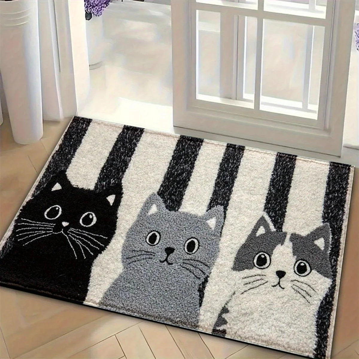 Doormat Water-Resistant Striped Cartoon Cat Design