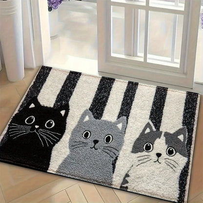 Doormat Water-Resistant Striped Cartoon Cat Design