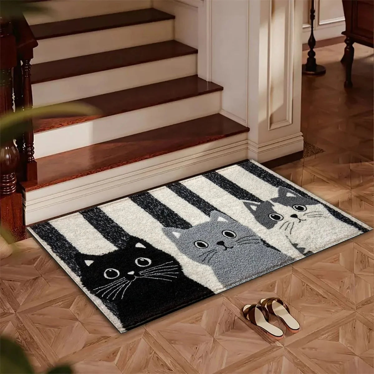 Doormat Water-Resistant Striped Cartoon Cat Design