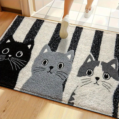 Doormat Water-Resistant Striped Cartoon Cat Design